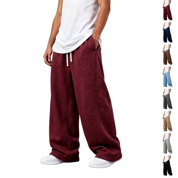Dwellite Baggy Sweatpants Men Wide Leg Barrel Sweat Pants Loose Fit Drawstring Waist Fall Winter Casual Lounge Pant with Pockets Wine XL