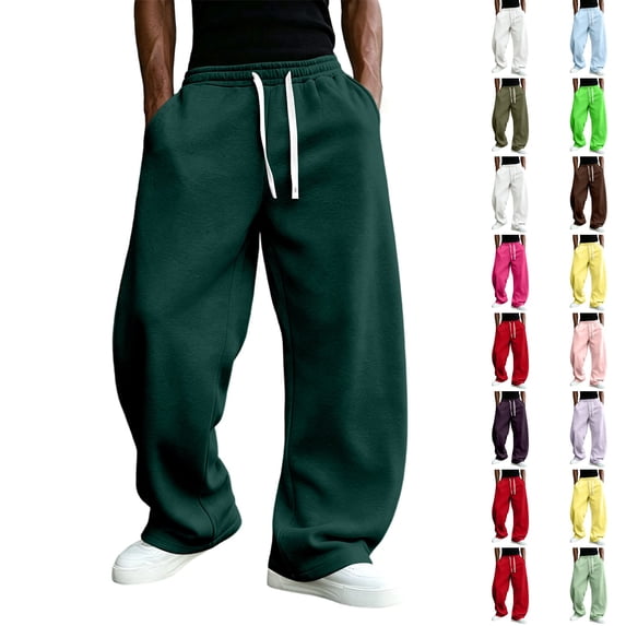 Dwellite Baggy Sweatpants Men Wide Leg Drawstring Oversized Casual Athletic Y2k Lounge Sweat Jogger Pants with Pockets Dark Green XL