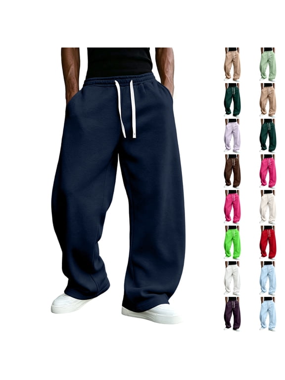 Baggy Sweatpants Men Wide Leg Drawstring Oversized Casual Athletic Y2k Lounge Sweat Jogger Pants with Pockets Navy S