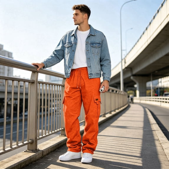 Dwellite Baggy Sweatpants Men Wide Leg Loose Fit Lounge Gym Solid Casual Joggers Uncuffed Oversized Baggy Cargo Sweatpants Orange XL