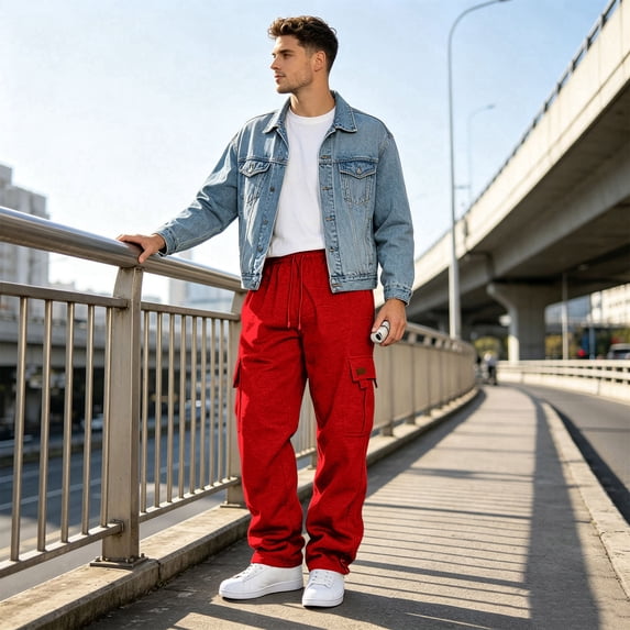 Dwellite Baggy Sweatpants Men Wide Leg Loose Fit Lounge Gym Solid Casual Joggers Uncuffed Oversized Baggy Cargo Sweatpants Red 2XL