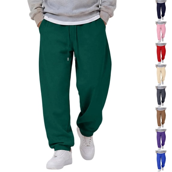 Dwellite Baggy Sweatpants for Men Wide Leg Joggers with Pockets Drawstring Elastic Waist Y2K Gym Workout Trousers Dark Green 3XL