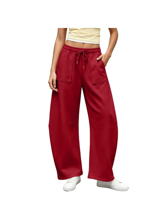 Barrel Pants for Women Wide Leg with Pocket Elastic High Waisted Loose Fit Balloon Trousers for Fall Business Red S