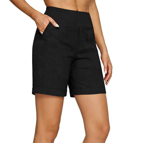 Dwellite Bermuda Long Shorts for Women Cotton linen Athletic Sweat Tummy Control Casual Lounge Summer Black M