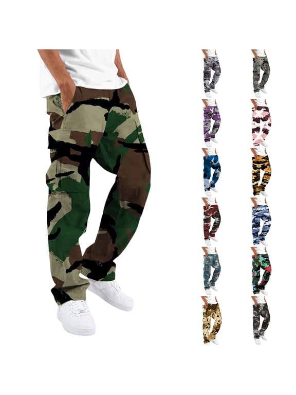 Big and Tall Pants for Men Casual Camo Bermuda Cargo Pants with Pockets Comfort Trousers Dark Green 3XL