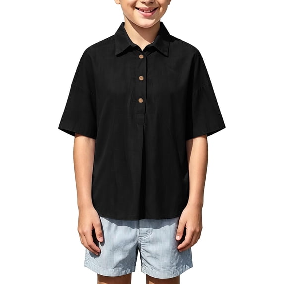 Dwellite Boys and Girls' School Uniform Short-Sleeve Polo Shirts Breathable Button Collared Casual Active Tops 3-13 Years Black 150
