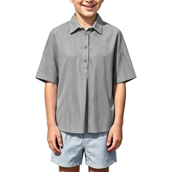 Dwellite Boys and Girls' School Uniform Short-Sleeve Polo Shirts Breathable Button Collared Casual Active Tops 3-13 Years Light Gray 160