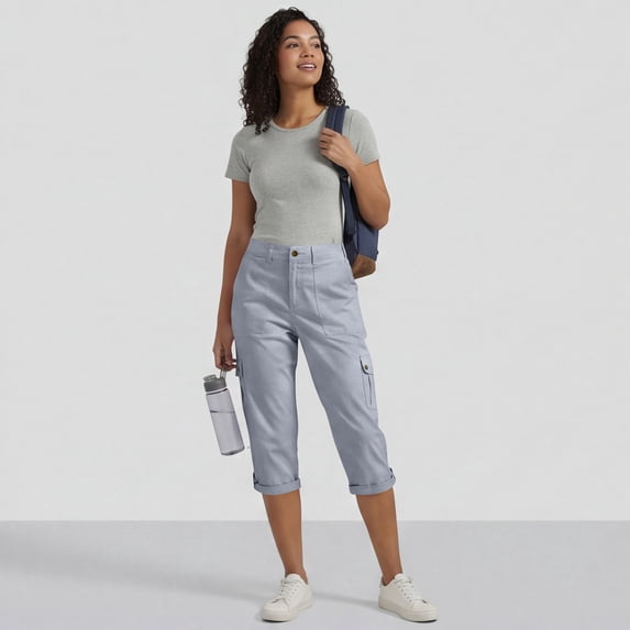 Dwellite Capri Pants for Women Casual Summer Spring Stretch Straight Leg Cargo Capris with Pockets Cropped Trouser Light Blue S