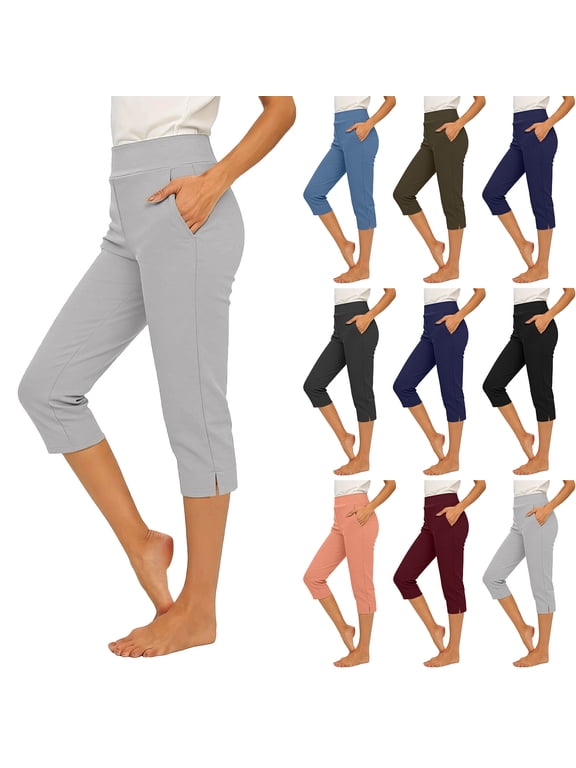 Capri Pants for Women Dressy High Waisted Stretchy Pull On Capris Straight Side Split Comfy Cropped Pants Black L