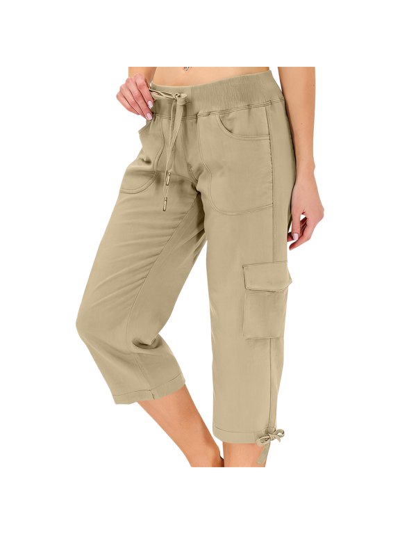 Capri Pants for Women Summer Quick Dry Cargo Capris with Pockets Drawstring Cargo Pant Outdoor Golf Hiking Pants Brown S
