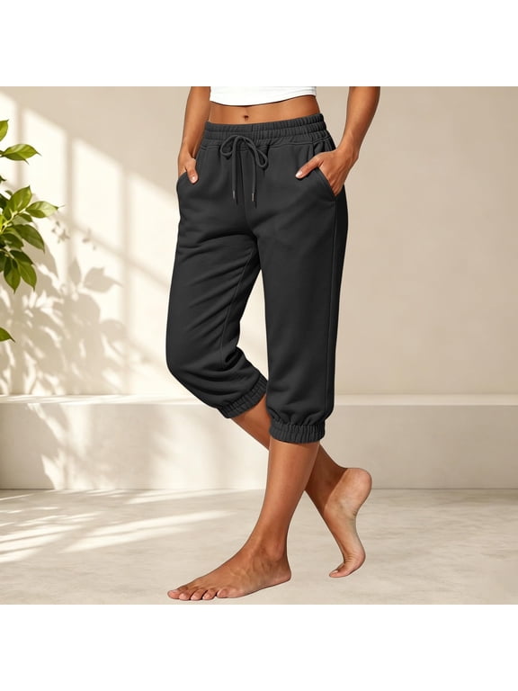 Capris Pants for Women Lounge Cotton Capri Sweatpants Soft Lightweight Cropped Running Joggers Petite Fall Pant with Pockets Black XL