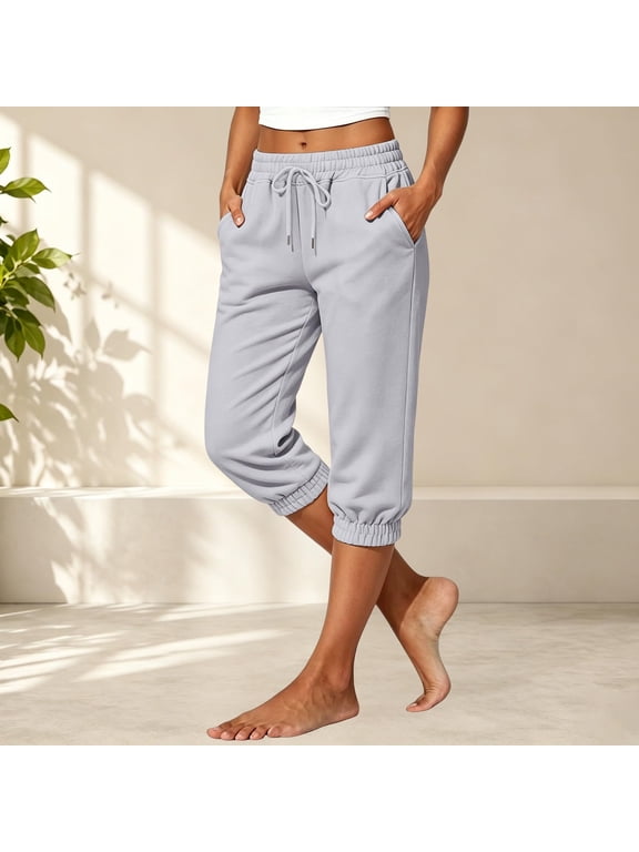 Capris Pants for Women Lounge Cotton Capri Sweatpants Soft Lightweight Cropped Running Joggers Petite Fall Pant with Pockets Light Gray S