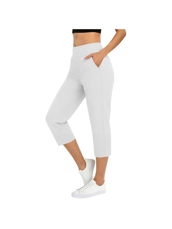 Capris for Women With Pocket Golf Pants 7/8 High Waisted Stretch Pull On Ankle Business Casual Travel Athletic Work White L