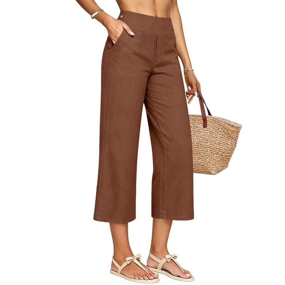 Dwellite Capris for Women with Pockets Women's Cotton Linen Drawstring Pants Dressy Casual Spring Summer Ladies Capri 2026 Coffee S