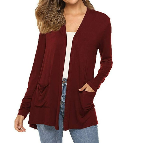 Dwellite Cardigan Sweaters for Women Lightweight Long Sleeve Open Front Cardigan with Pockets Casual Fall Clothes 2025 Wine XL