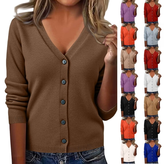 Dwellite Cardigan Sweaters for Women with Button V Neck Long Sleeve Tops Open Front for Fall Clothes Coffee -AZ26 XL