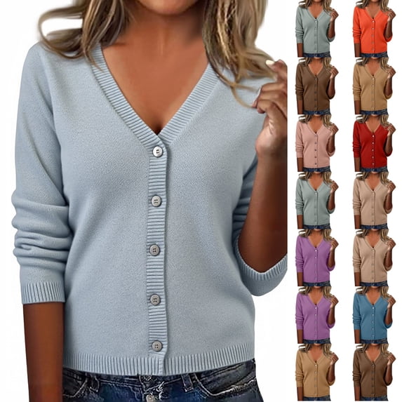 Dwellite Cardigan Sweaters for Women with Button V Neck Long Sleeve Tops Open Front for Fall Clothes Gray -AZ26 XL