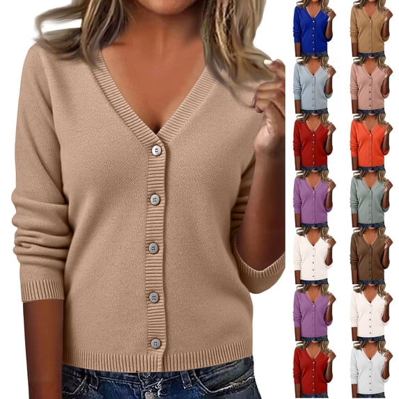 Dwellite Cardigan Sweaters for Women with Button V Neck Long Sleeve Tops Open Front for Fall Clothes Light Brown -AZ26 S