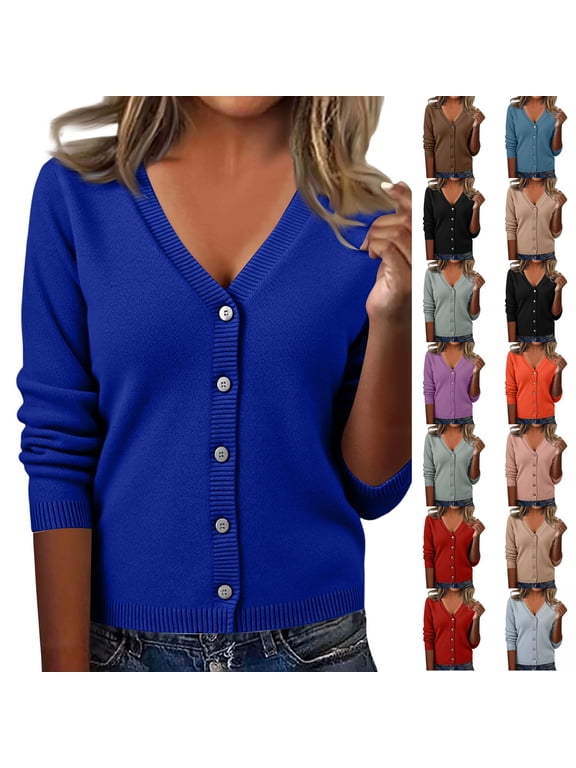 Cardigan Sweaters for Women with Button V Neck Long Sleeve Tops Open Front for Fall Clothes Royal Blue -AZ26 M