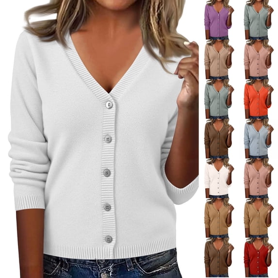 Dwellite Cardigan Sweaters for Women with Button V Neck Long Sleeve Tops Open Front for Fall Clothes White -AZ26 L