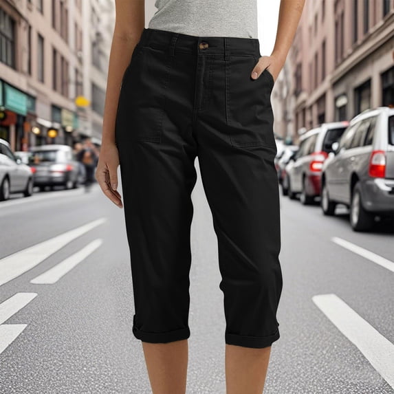 Dwellite Cargo Capris For Women Casual Summer Straight Leg Petite Length Cropped Pants Stretch Rolled Hem Bermuda Shorts With Pockets Black M