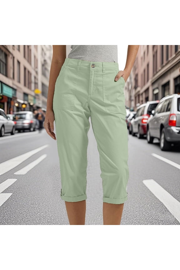 Cargo Capris For Women Casual Summer Straight Leg Petite Length Cropped Pants Stretch Rolled Hem Bermuda Shorts With Pockets Mint Green M