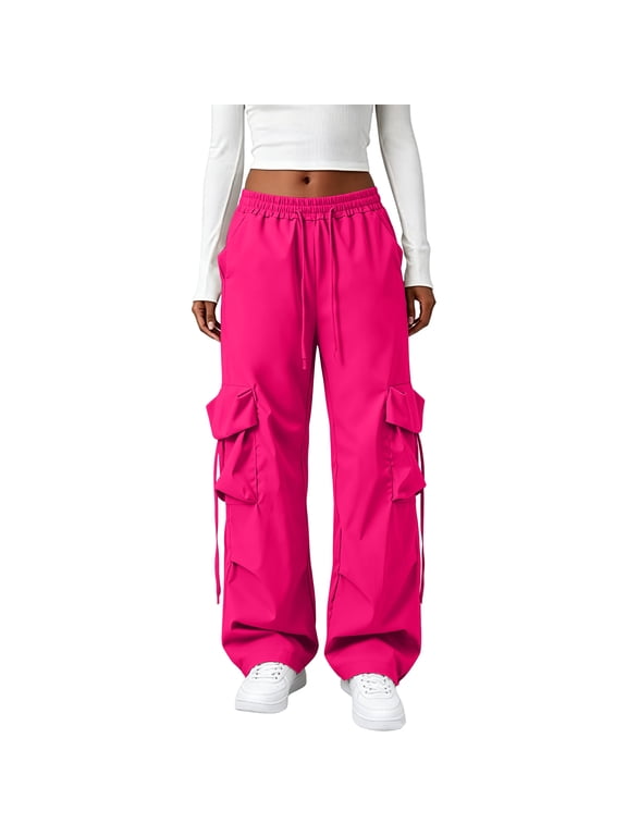 Cargo Pants Women Elastic Waisted Quick Dry Lightweight Baggy Hiking Pants with Pockets Hot Pink L