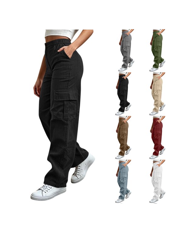 Cargo Pants Women High Waisted Hiking Pants Baggy Stretchy Wide Leg Y2K Streetwear with Pockets Black S