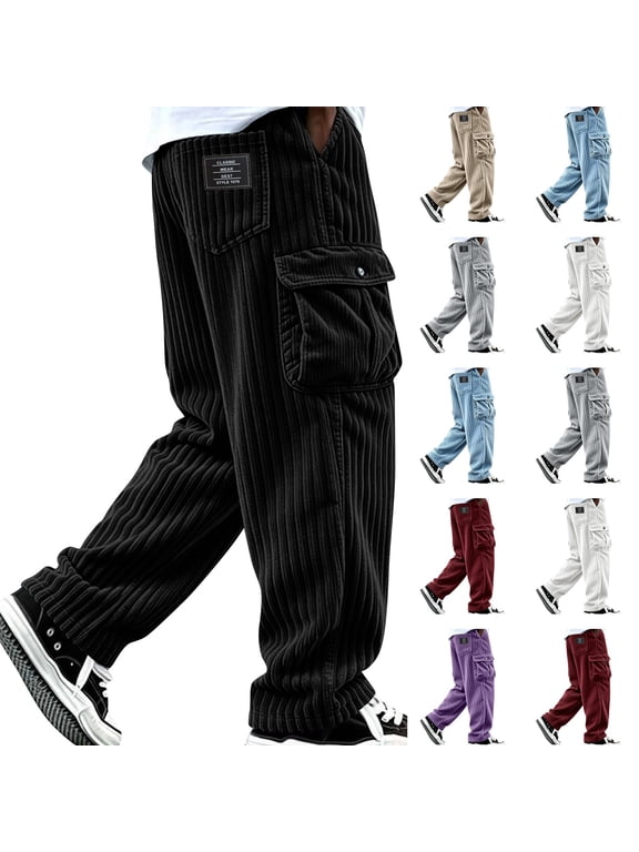 Cargo Pants for Men Loose Fit Baggy Wide Leg Comfortable Trousers for Fall Winter Fashion with Pockets Black S