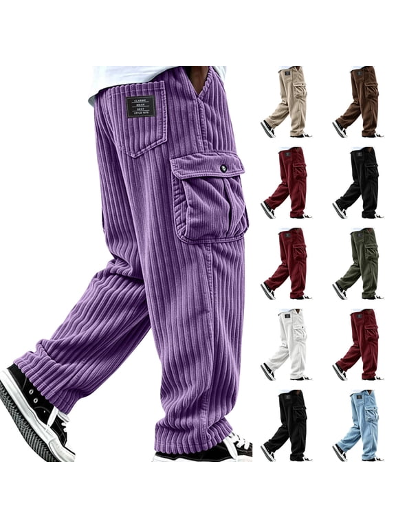 Cargo Pants for Men Loose Fit Baggy Wide Leg Comfortable Trousers for Fall Winter Fashion with Pockets Purple S