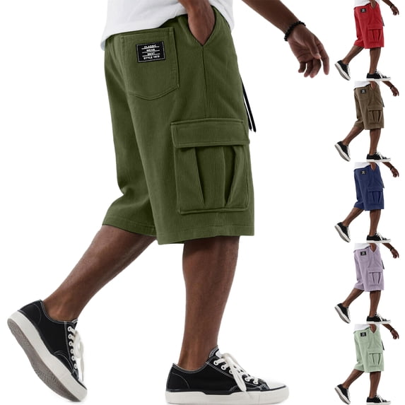 Dwellite Cargo Shorts for Mens Casual Drawstring Elastic Waist Corduroy Summer Beach Shorts with Pockets Dark Blue 2XL