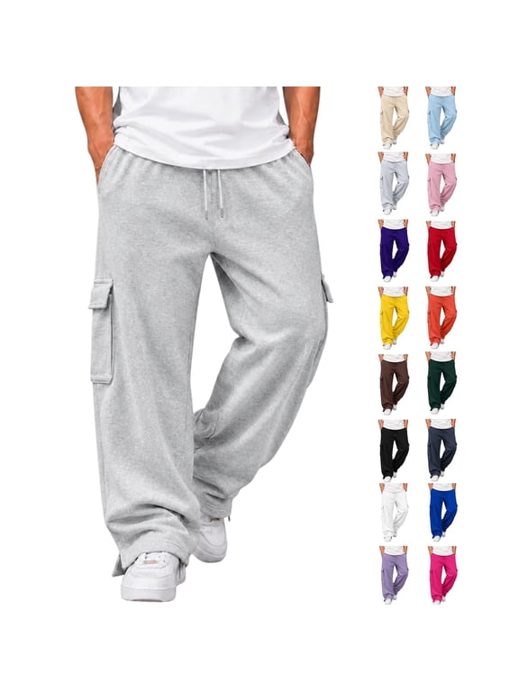 Cargo Sweatpants for Men Plus Size Wide Leg Running Workout Jogger Pants Hiking Travel Oversized Comfortable Elastic Waist Fall Winter Sweatpants with Pockets Light Gray 2XL