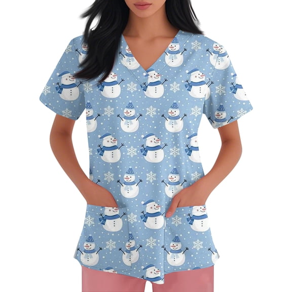 Dwellite Christmas Scrub Tops Women Funny Xmas Print Shirt Nursing Scrubs Medical Nursing Uniforms with Pockets Sky Blue L