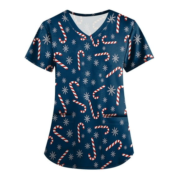 Dwellite Christmas Scrub Tops Women Funny Xmas Printed Medical Scrubs Top Short Sleeve V Neck Shirts Plus Size Nurse Uniform Navy L