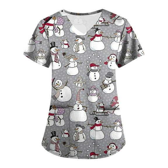 Dwellite Christmas Scrub Tops Women Funny Xmas Printed Medical Scrubs Top Short Sleeve V Neck Shirts Plus Size Nurse Uniforms Gray XL