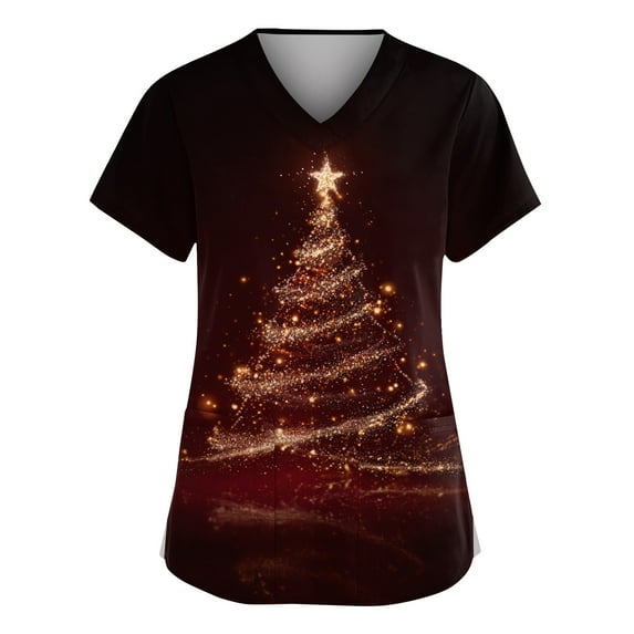 Dwellite Christmas Scrub Tops Women Xmas Tree Print V Neck Short Sleeve Plus Size Scrubs Medical Uniform Shirts with Pockets Deep Red M