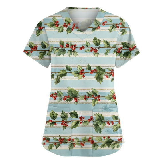 Dwellite Christmas Scrub Tops Women Xmas Tree Print V Neck Short Sleeve Plus Size Scrubs Medical Uniform Shirts with Pockets Light Blue M