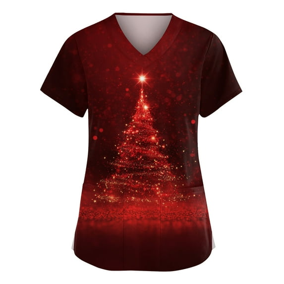 Dwellite Christmas Scrub Tops Women Xmas Tree Print V Neck Short Sleeve Plus Size Scrubs Medical Uniform Shirts with Pockets Red L
