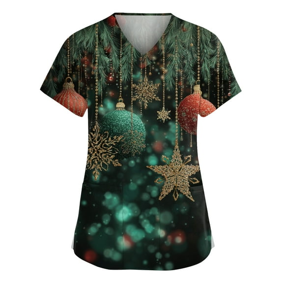 Dwellite Christmas Scrub Tops Women Xmas Tree Print V Neck Short Sleeve Plus Size Scrubs Medical Uniform Shirts with Pockets Turquoise 4XL