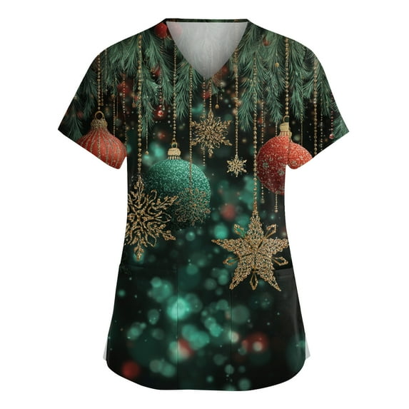 Dwellite Christmas Scrub Tops Women Xmas Tree Print V Neck Short Sleeve Plus Size Scrubs Medical Uniform Shirts with Pockets Turquoise L