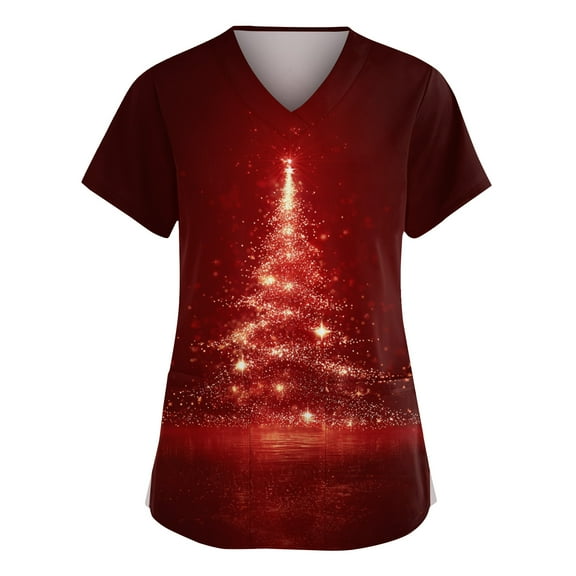 Dwellite Christmas Scrub Tops Women Xmas Tree Print V Neck Short Sleeve Plus Size Scrubs Medical Uniform Shirts with Pockets Vermilion 2XL