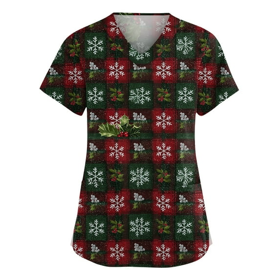 Dwellite Christmas Scrub Tops Women Xmas Tree Print V Neck Short Sleeve Plus Size Scrubs Medical Uniform Shirts with Pockets Wine 2XL