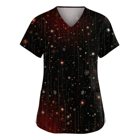 Dwellite Christmas Scrub Tops Women Xmas Tree Printed V Neck Short Sleeve Plus Size Scrubs Medical Uniform Shirts with Pockets Deep Red 4XL