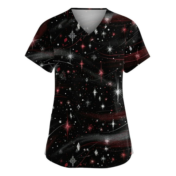 Dwellite Christmas Scrub Tops Women Xmas Tree Printed V Neck Short Sleeve Plus Size Scrubs Medical Uniform Shirts with Pockets Navy M