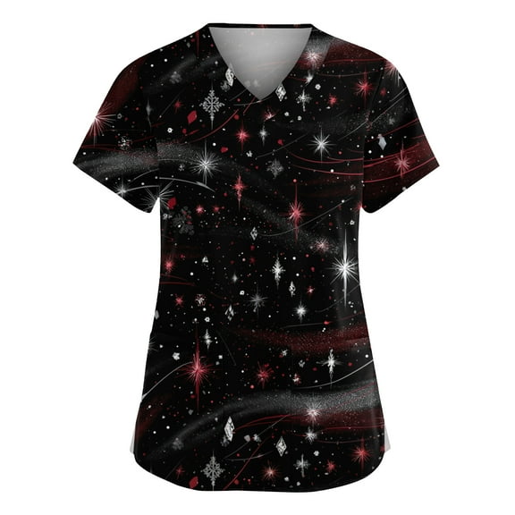 Dwellite Christmas Scrub Tops Women Xmas Tree Printed V Neck Short Sleeve Plus Size Scrubs Medical Uniform Shirts with Pockets Navy XL