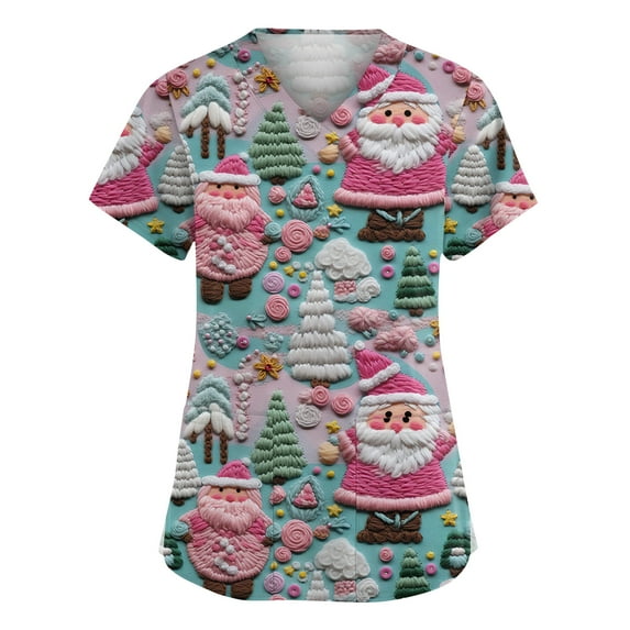 Dwellite Christmas Scrub Tops Women Xmas Tree Printed V Neck Short Sleeve Plus Size Scrubs Medical Uniform Shirts with Pockets Pink 3XL