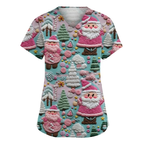 Dwellite Christmas Scrub Tops Women Xmas Tree Printed V Neck Short Sleeve Plus Size Scrubs Medical Uniform Shirts with Pockets Pink M