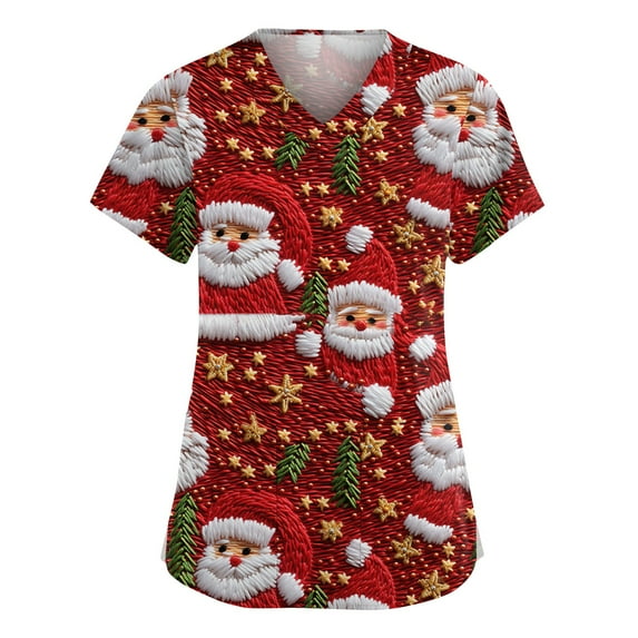 Dwellite Christmas Scrub Tops Women Xmas Tree Printed V Neck Short Sleeve Plus Size Scrubs Medical Uniform Shirts with Pockets Red S