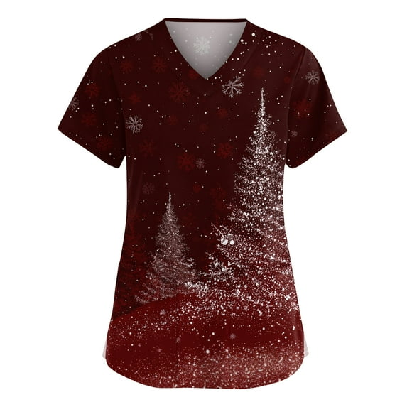 Dwellite Christmas Scrub Tops Women Xmas Tree Printed V Neck Short Sleeve Plus Size Scrubs Medical Uniform Shirts with Pockets Wine XL