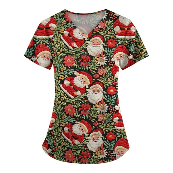 Dwellite Christmas Scrub Tops for Women Plus Size Short Sleeve V-Neck Fun Xmas Printed Scrub Top 2025 Holiday Medical Nursing Uniforms Deep Red 5XL